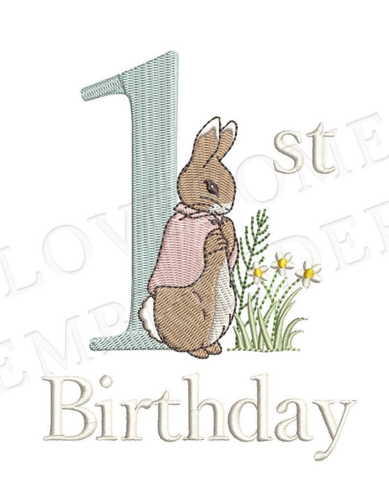 1st birthday bunny pink embroidery design