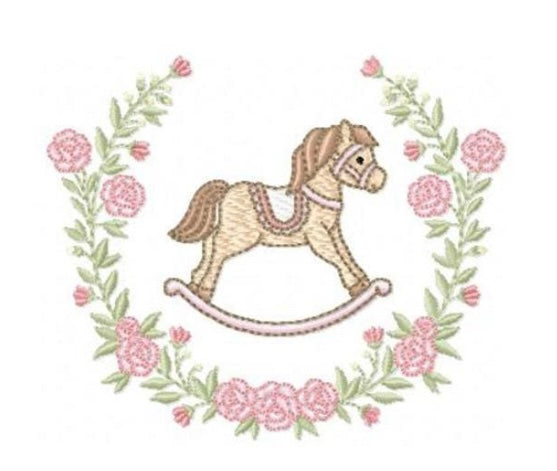 Vintage floral rocking horse wreath embroidery design