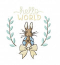Hello World blue Bunny Embroidery Design