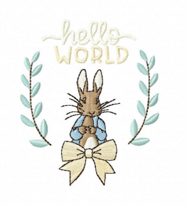 Hello World blue Bunny Embroidery Design