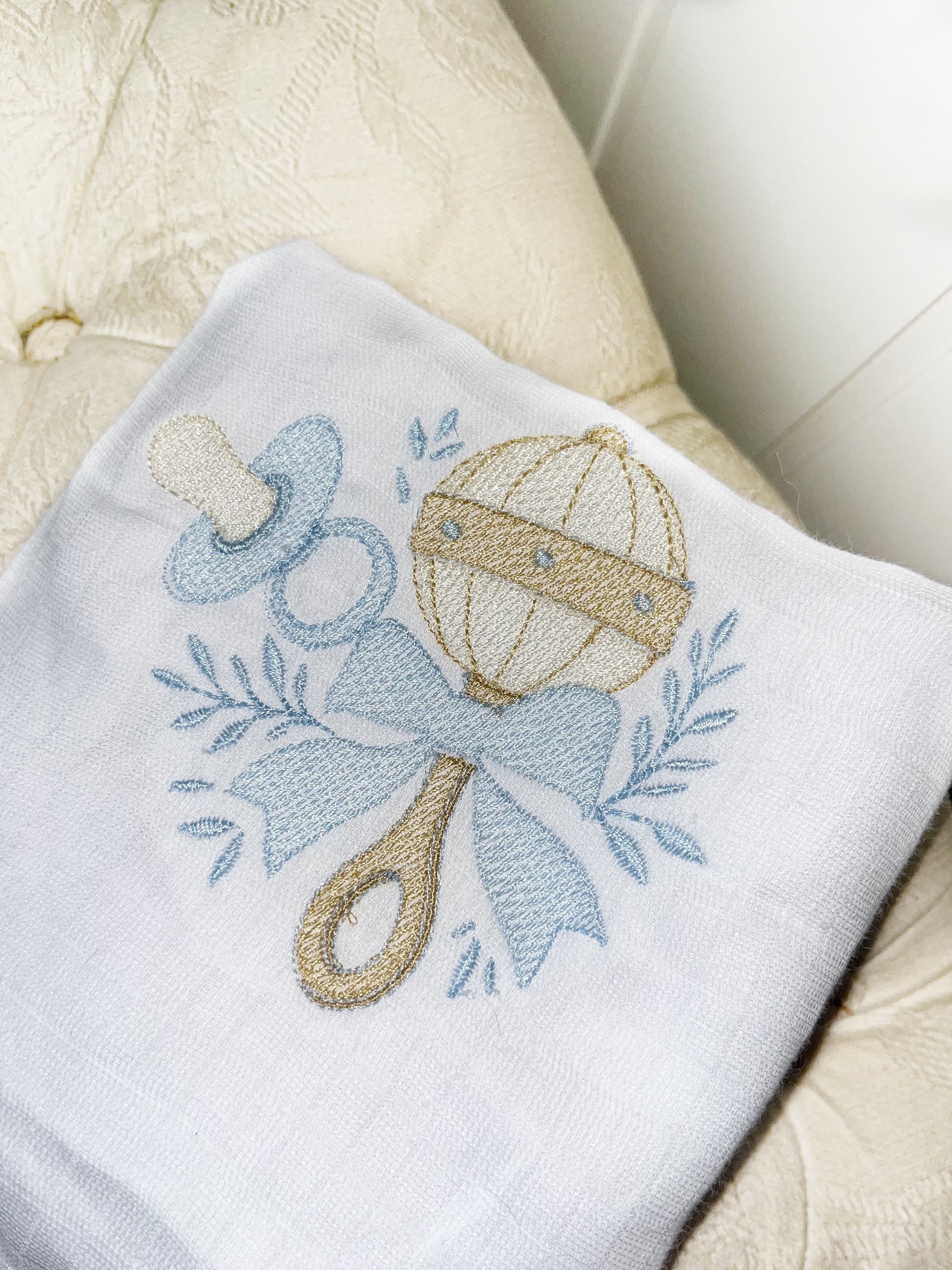Blue vintage pacifier rattle muslin square