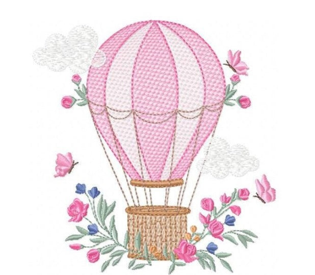 Vintage pink hot air balloon embroidery design