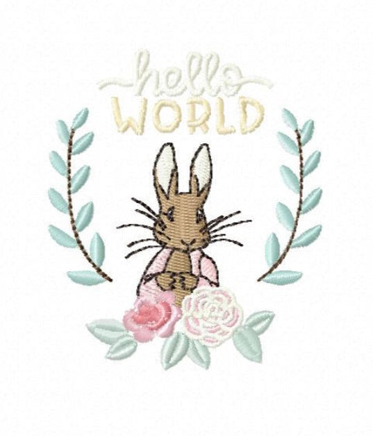 Hello World Floral Bunny Embroidery Design