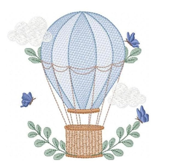 Vintage blue hot air balloon embroidery design
